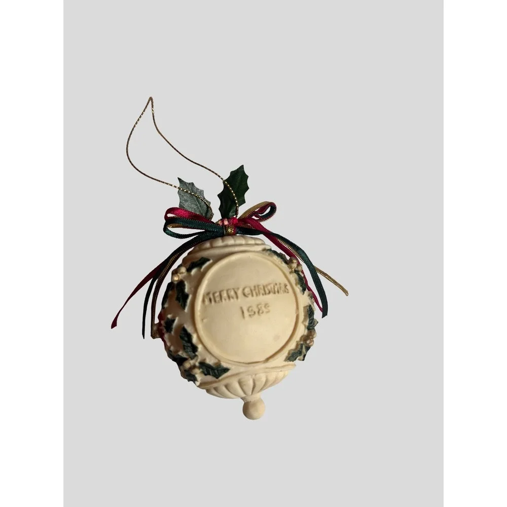 Vintage 1989 Merry Christmas Ornament Poinsettia Holly Ribbon Commemorative 3in
